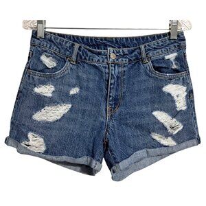 H&M Womens Distressed Denim Shorts Size 8 Regular Waist Ripped Design Blue Casua